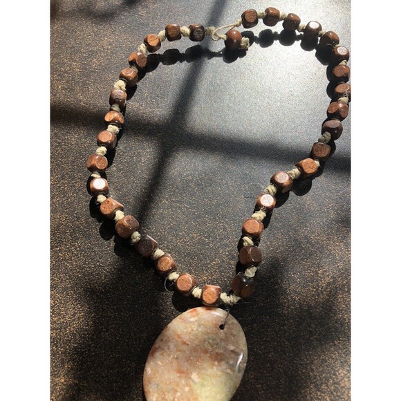 Autumn Jasper Stone Pendant Necklace w Square Wooden Beads Boho Handmade Hippie - Picture 11 of 16